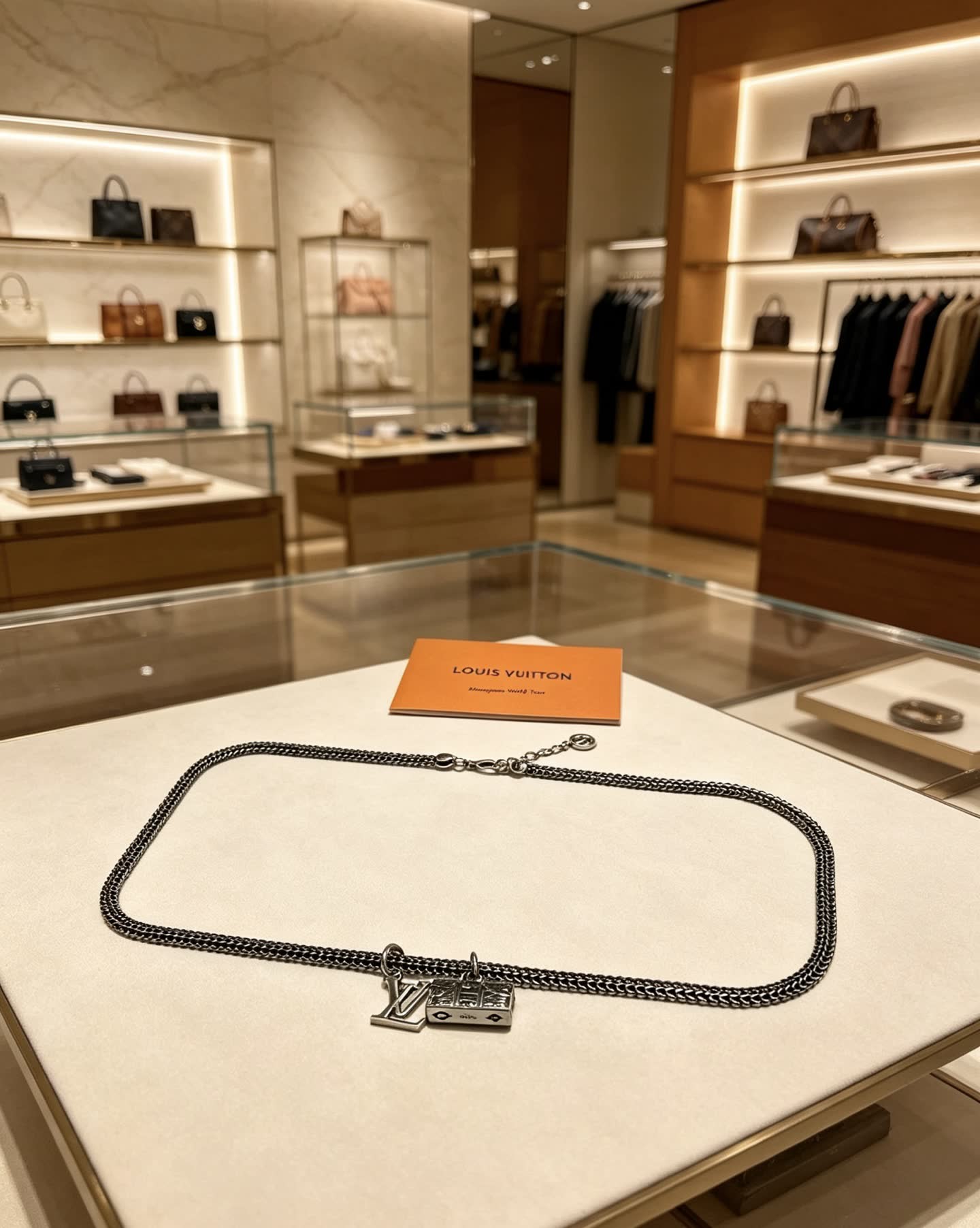 Louis Vuitton Silver Tone Chain Necklace with LV and Monogram Bag Charms